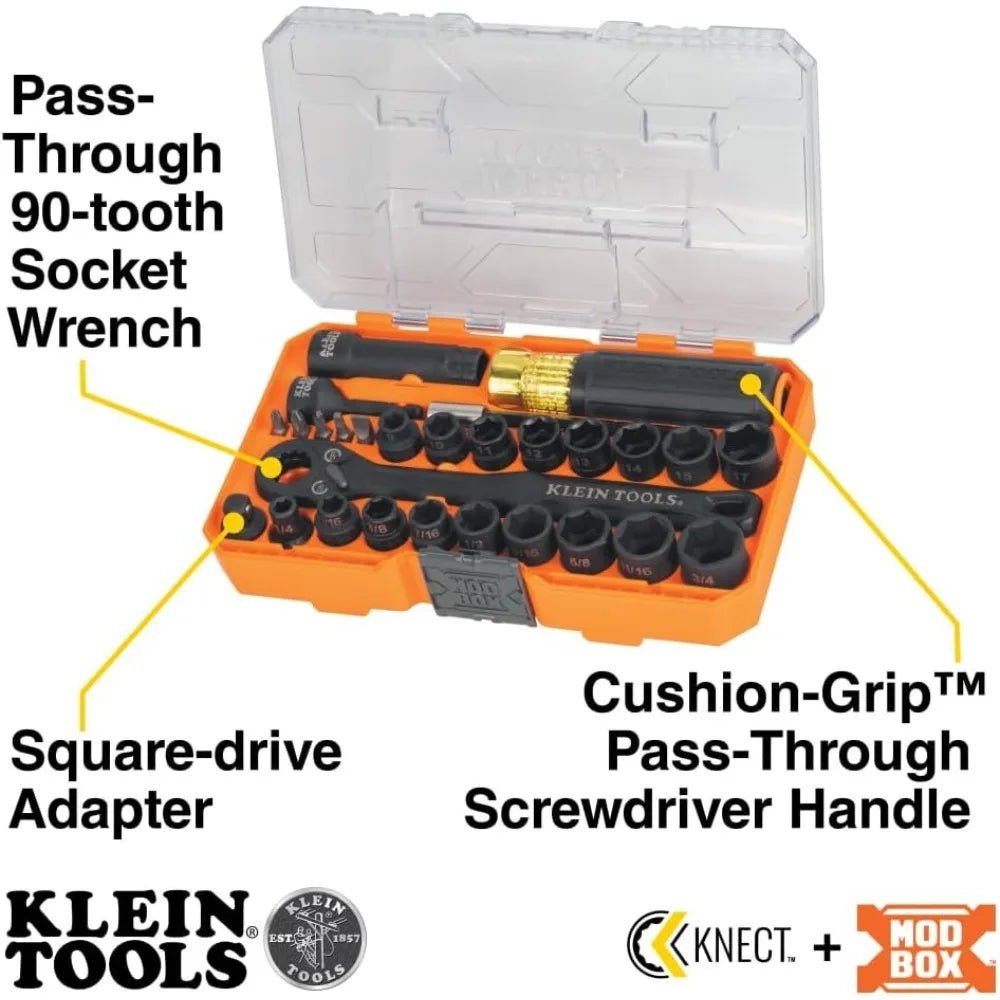 Klein Tools 65400KNECT KNECT Essential Pass Through Impact Socket Set, SAE and Metric, 90-Toot 3/8-Inch Drive, 28-Piece