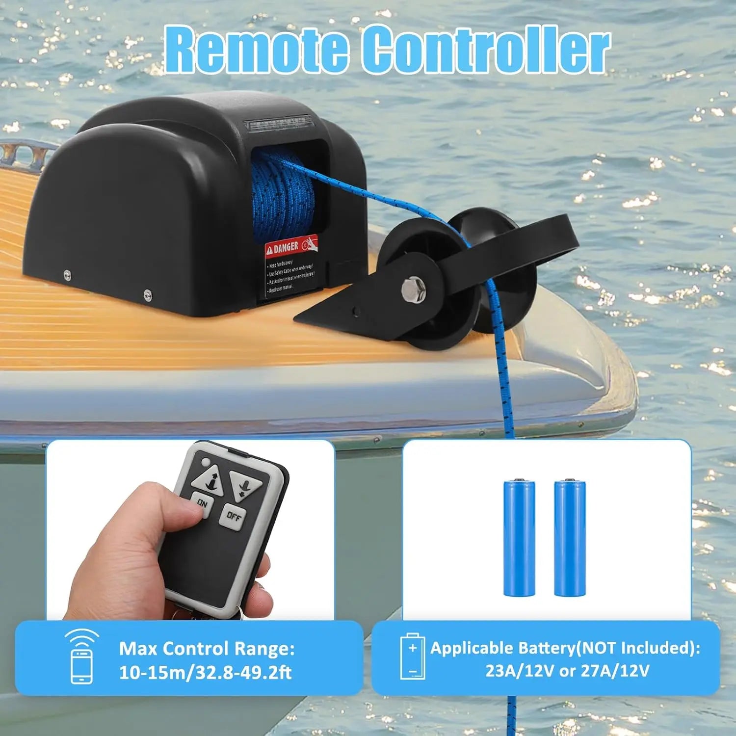 Electric Boat Anchor Winch Kit 12V with 100ft Anchor Rope , 
Remote Control Heavy Duty Towing  for 24ft Fishing Boat