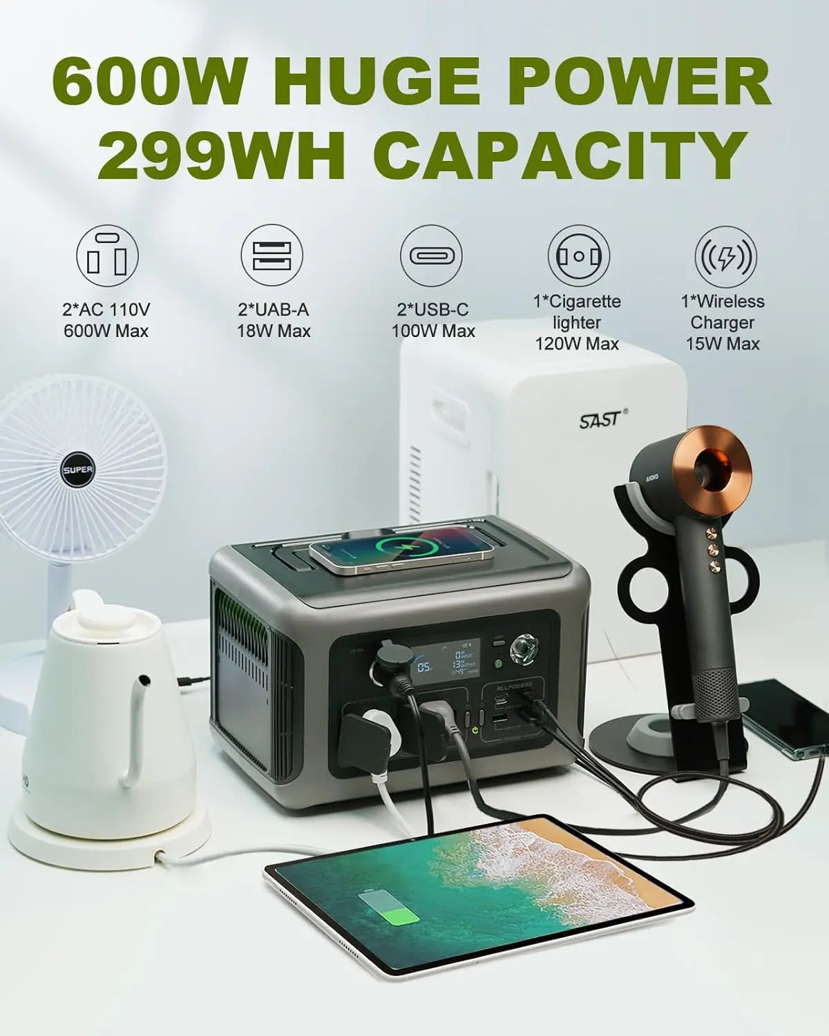 ALLPOWERS Portable  R600, 
299Wh LiFeP04 Battery with 2x 600W (1200W Surge)
 AC Outlets for Outdoor Camping RV Home
