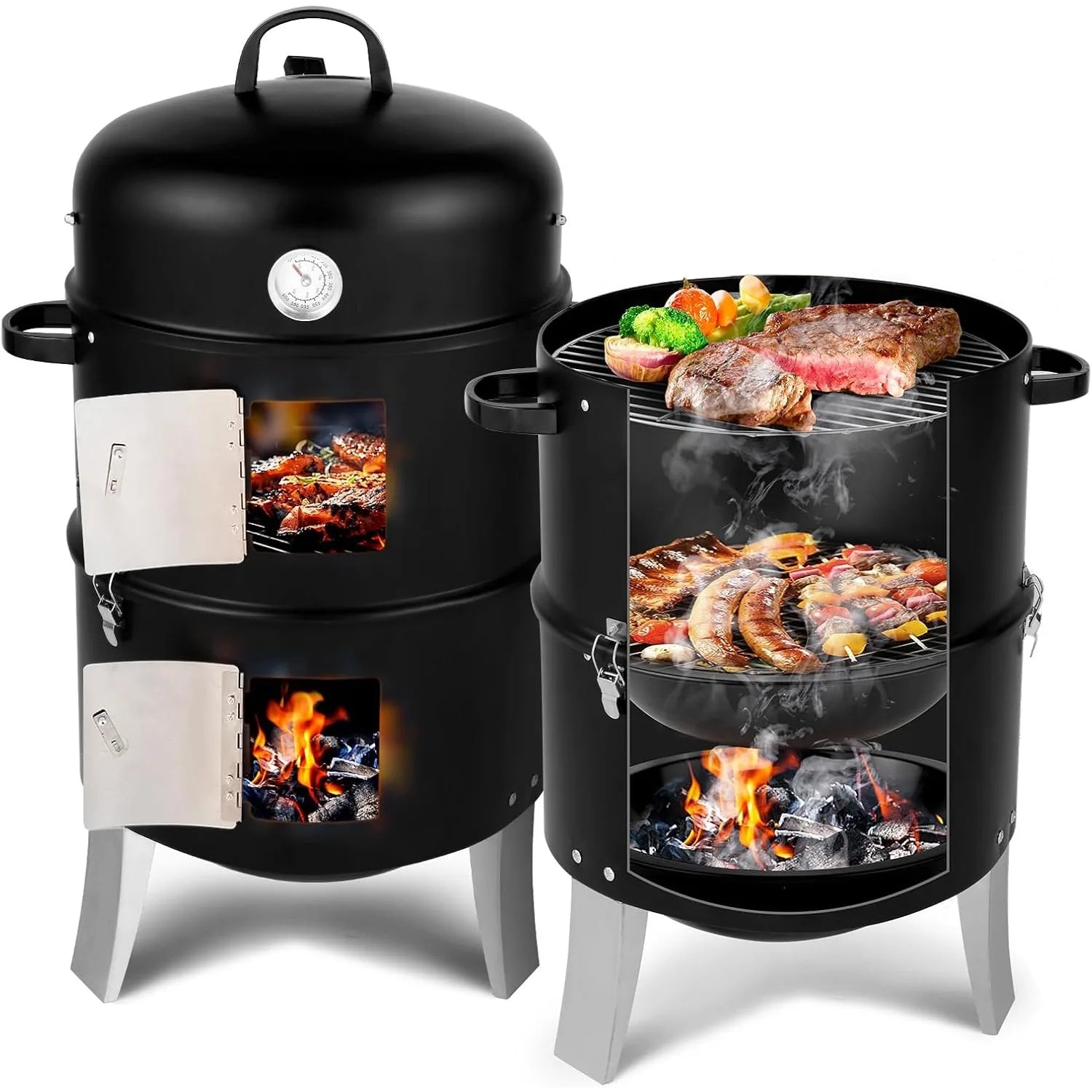 Vertical 18.5 Inch Steel Charcoal Smoker, 
Heavy Duty 3-in-1 Portable Outdoor Grill Cooker with Built-in Thermometer