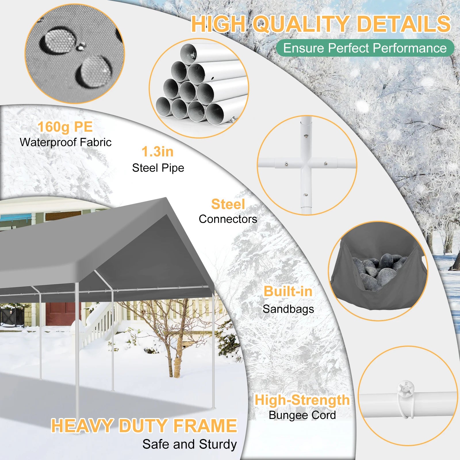 12x20ft Carport Heavy Duty, Portable Garage with Built-in Sandbags, Car Canopy for Truck, Boat, SUV with All-Season Tarp fall