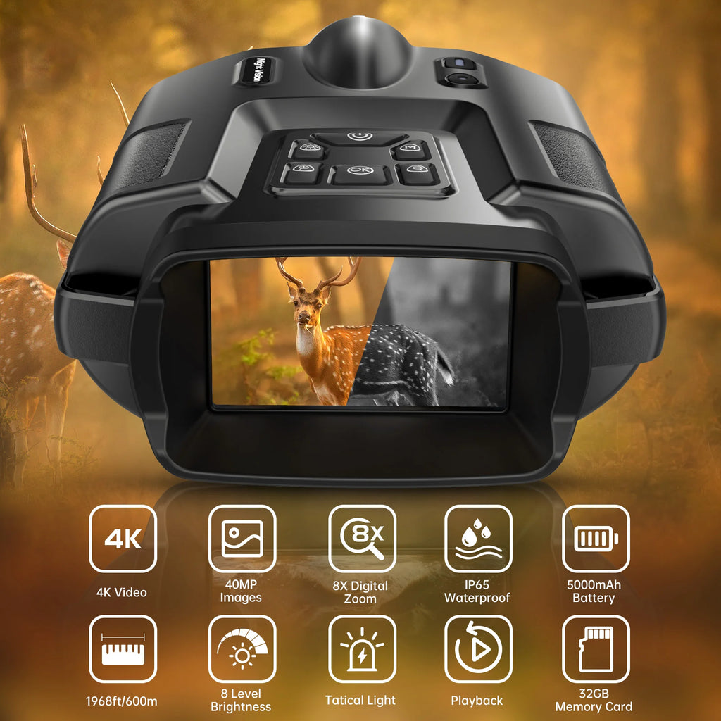 Night Vision Binoculars 4K Infrared 
5000mAH Rechargeable 8X Digital Zoom 600 Meters
Darkness Goggles for Hunting & Surveillance