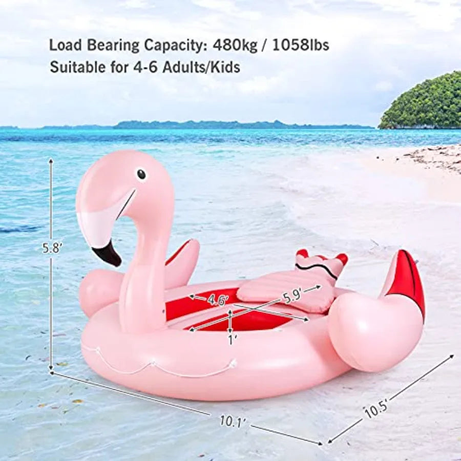 Giant Flamingo Pool Float,,  for 4-6 People . 
Inflatable Raft with Air Pump and 6 Cup Holders 
Pink Floating Island Toy for Adults