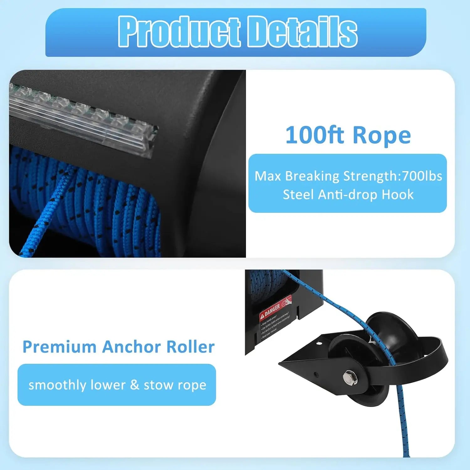 Electric Boat Anchor Winch Kit 12V with 100ft Anchor Rope , 
Remote Control Heavy Duty Towing  for 24ft Fishing Boat