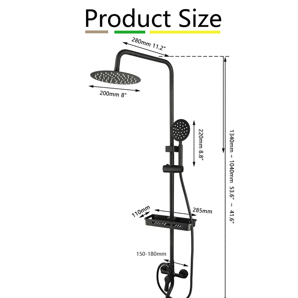 ZAPPO Matte Black Bathroom Shower Set 8 inch Rainfall , Wall Mounted 3-4 Function System & ABS Shelf