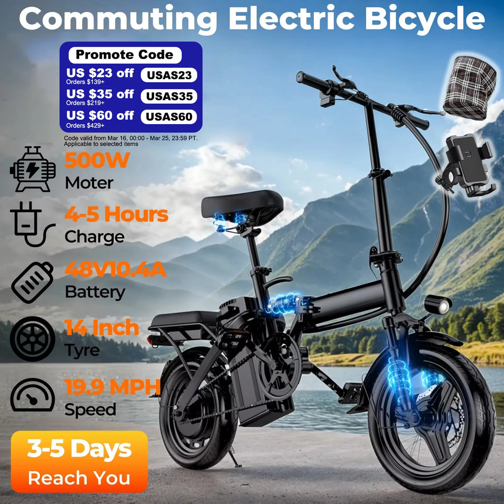 LELEKUAI 500W Adult Electric Bike, 20 MPH, 
48V 10.4Ah Removable Battery, 
14 Inch        Folding , Multi-Shock Absorption