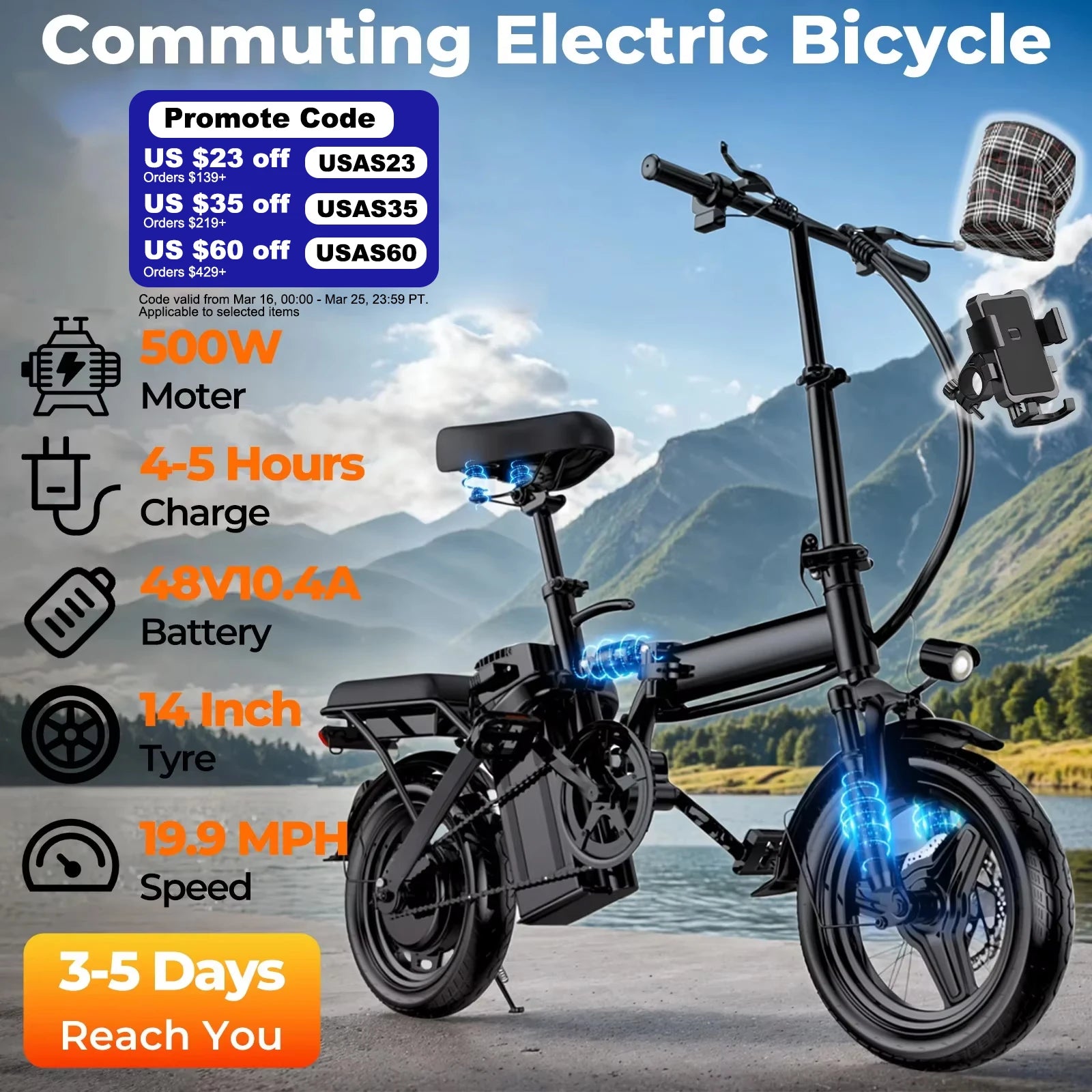LELEKUAI 500W Adult Electric Bike, 20 MPH, 
48V 10.4Ah Removable Battery, 
14 Inch        Folding , Multi-Shock Absorption
