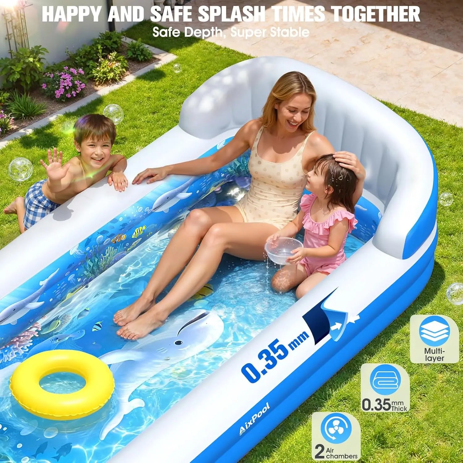 2026 Inflatable Pool with Sprinkler,
Durable Blow up Pool with Big Backrest,
 Rectangle Kids Pool Backyard,Children Swimming Pool,