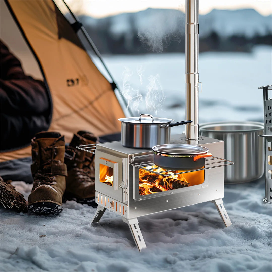 Hot Tent Stove,  , Portable Wood Stove with 6 Stainless Chimney Pipes for Outdoor Heating & Cooking