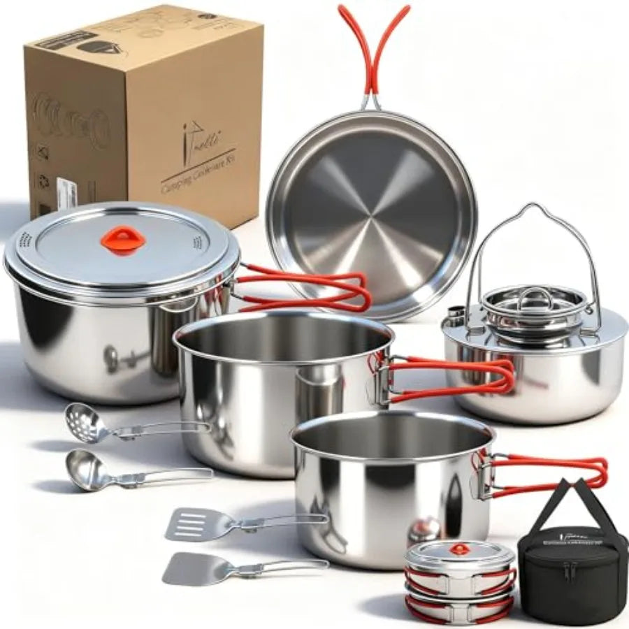 Portable 18/8 Stainless Steel Camping Cookware
 Set 11 Pcs Nesting Design Large City Pots and Pan with Kettle Compact for Picnics