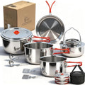 Portable 18/8 Stainless Steel Camping Cookware
 Set 11 Pcs Nesting Design Large City Pots and Pan with Kettle Compact for Picnics