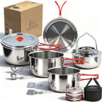 Portable 18/8 Stainless Steel Camping Cookware
 Set 11 Pcs Nesting Design Large City Pots and Pan with Kettle Compact for Picnics