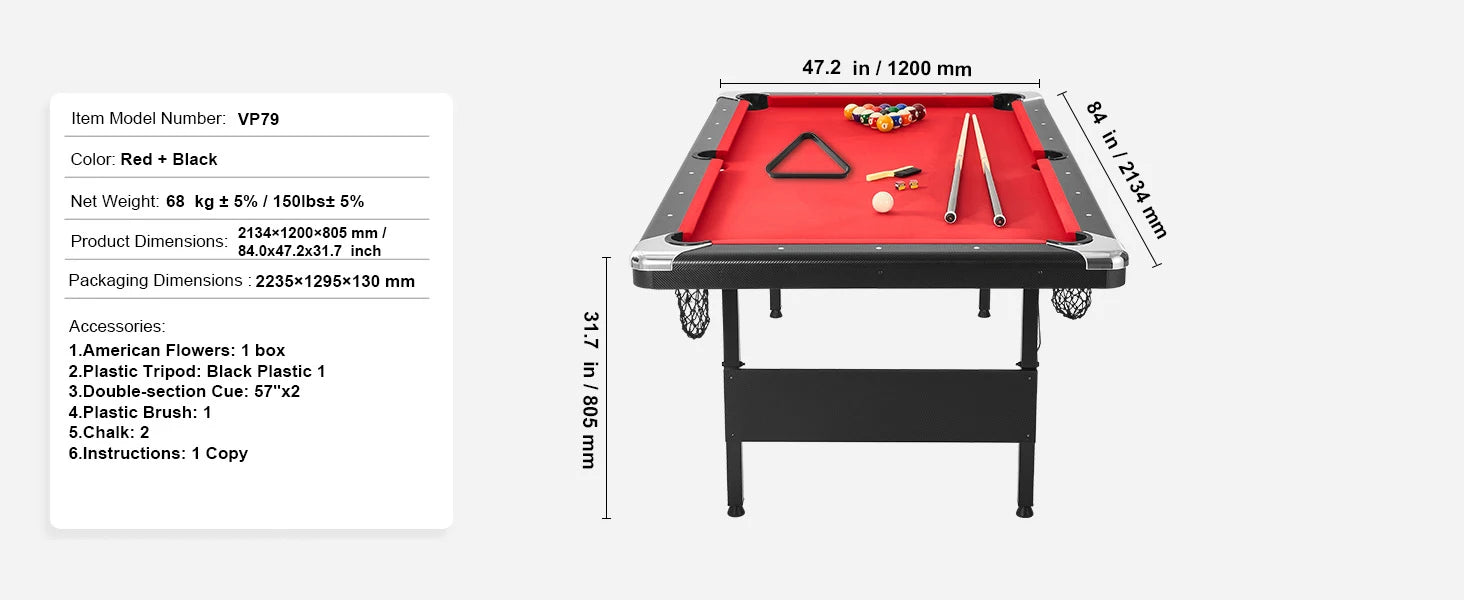 SucceBuy 6.3/7ft Billiard Table Pool Table Portable Foldable SpaceSaving Includes Balls Cues Chalks and Brush