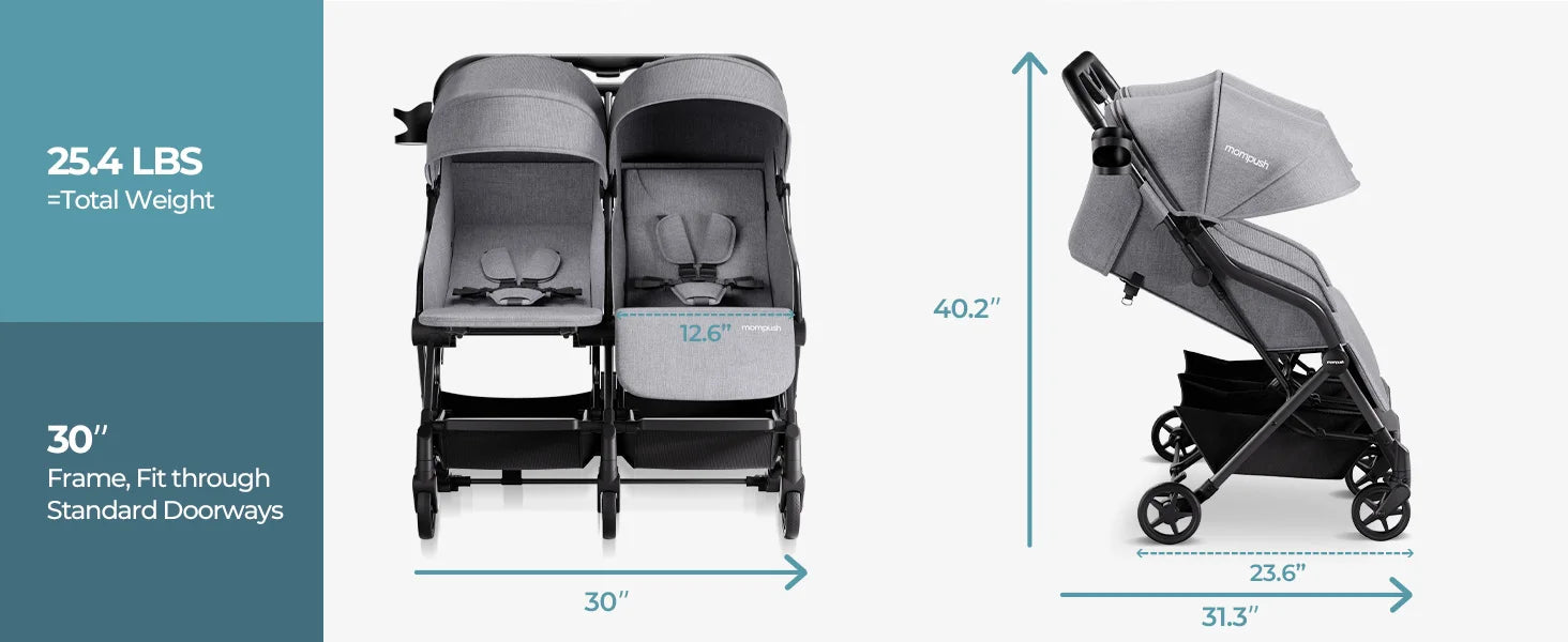 Lithe Double Stroller, Lightweight Side by Side Stroller,
 for Newborn and Toddler, Easy Fold, Spacious Seats with Recline, UPF50+