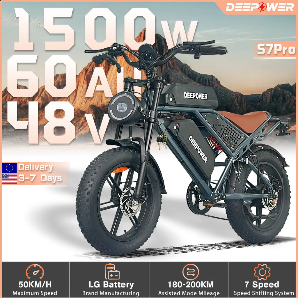 DEEPOWER S7Pro Off-Road Electric Bike 
1500W Motor 48V 60AH LG Battery 
Adults Mountain All-Terrain
