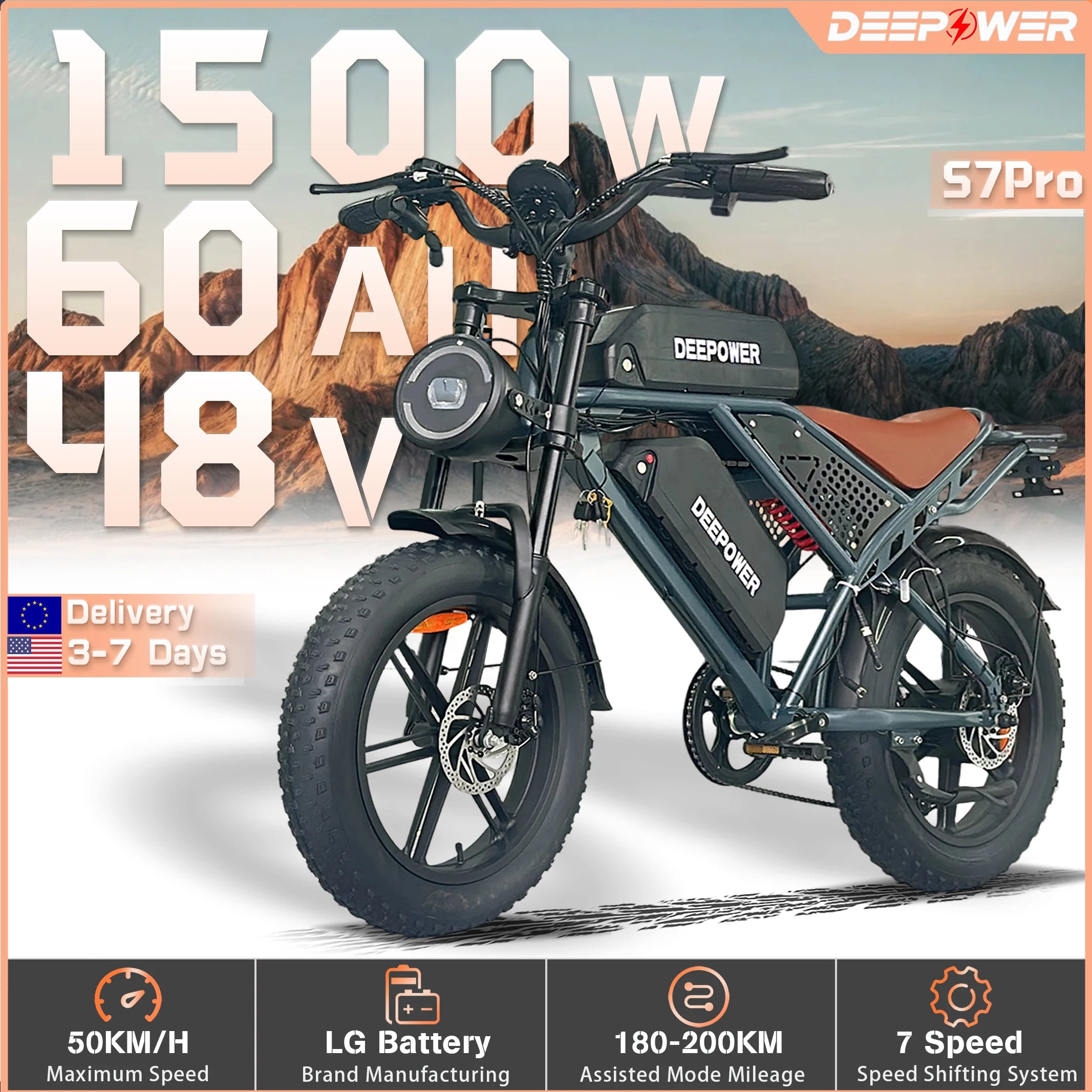 DEEPOWER S7Pro Off-Road Electric Bike 
1500W Motor 48V 60AH LG Battery 
Adults Mountain All-Terrain