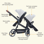 Double Stroller Track 
Tandem Stroller for Infant and Toddler,
 Foldable Pushchair Bassinet Pram, Multi-Position Reversible