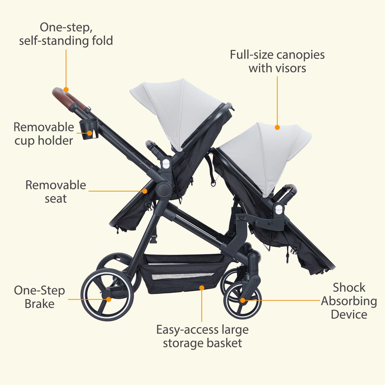 Double Stroller Track 
Tandem Stroller for Infant and Toddler,
 Foldable Pushchair Bassinet Pram, Multi-Position Reversible
