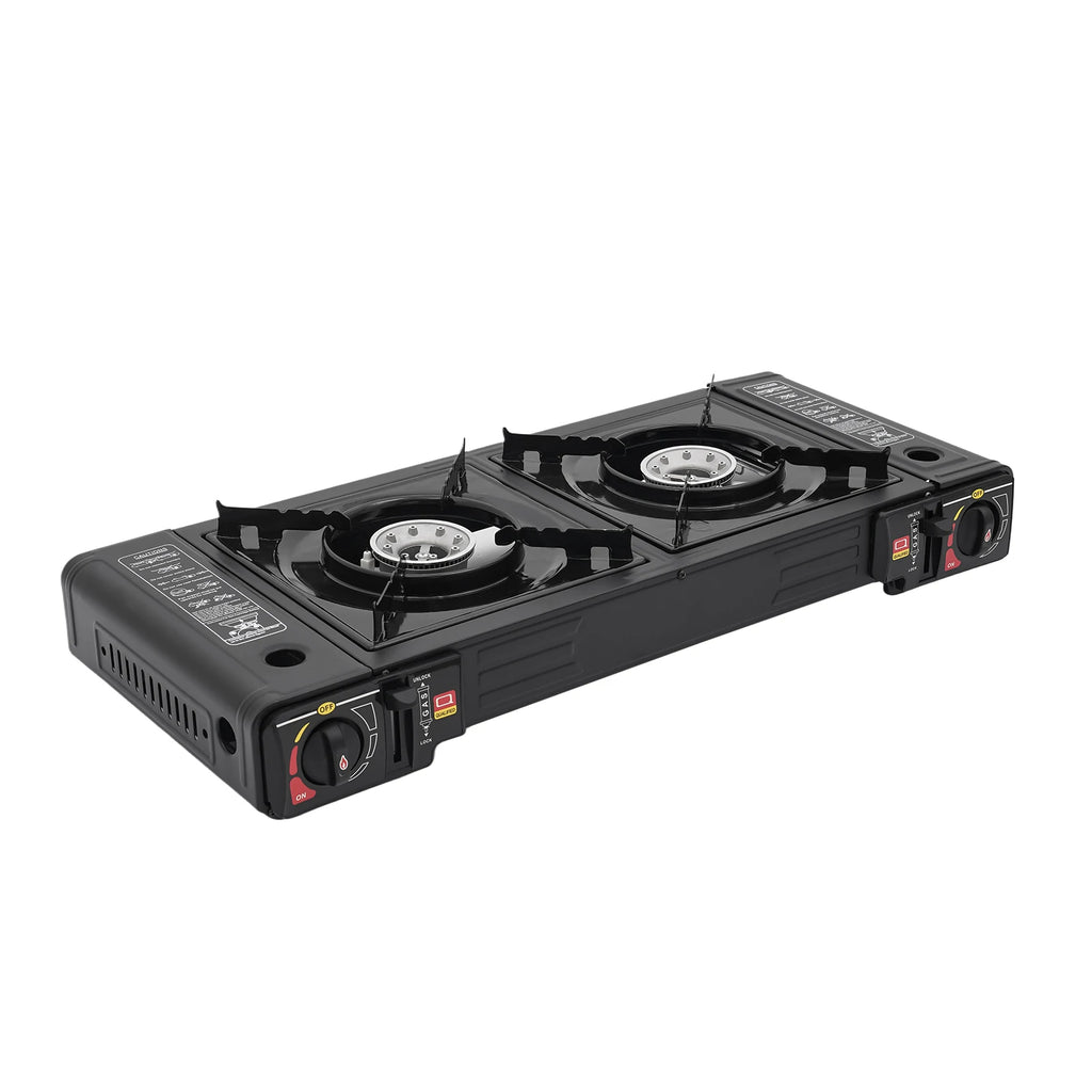 2 Burners-- Portable Camping Stove,     2.5KW Auto Ignition
Butane/LPG Gas  w/Baking Tray+Carrying Case for RV Outdoor Picnic BBQ