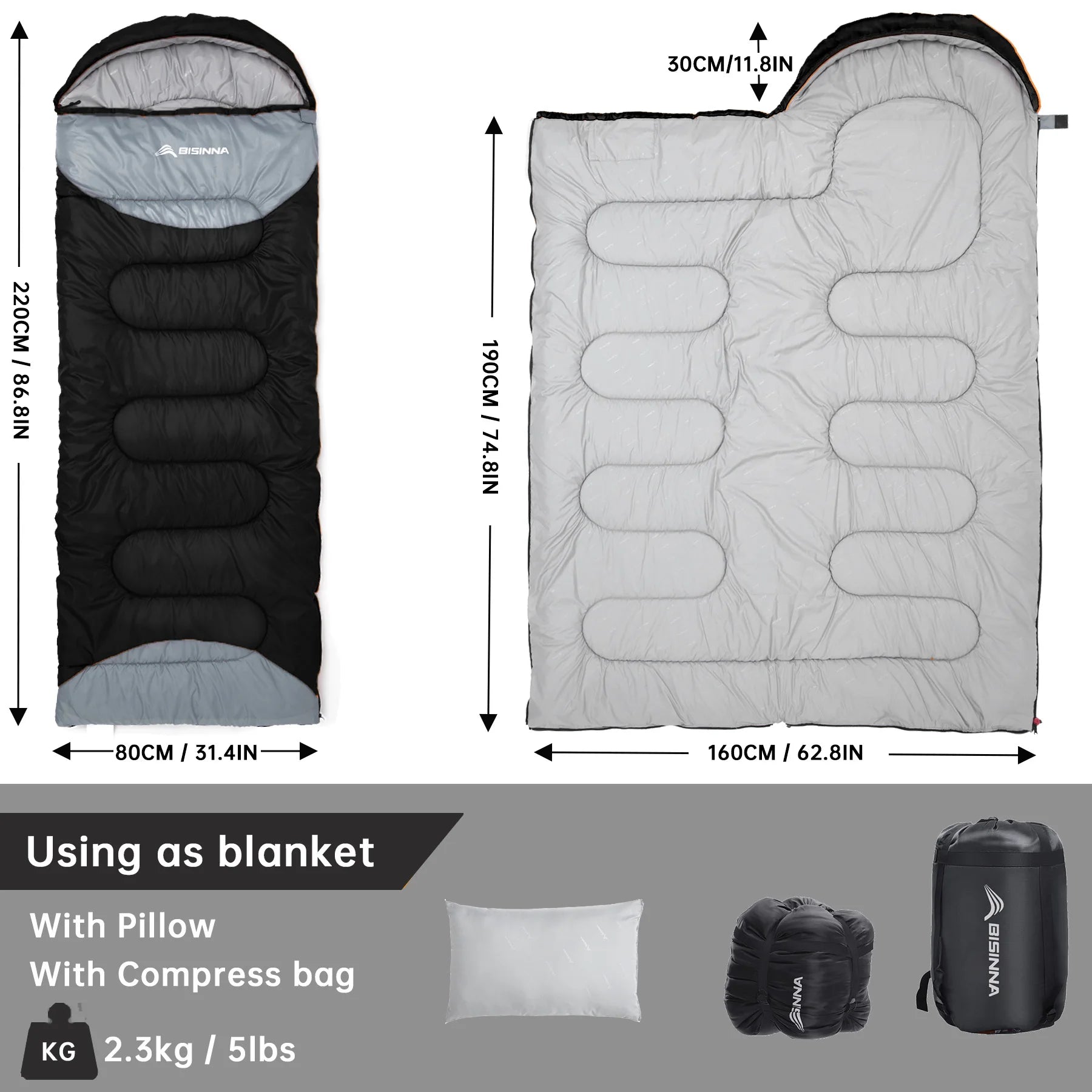 BISINNA Outdoor Camping Sleeping Bag Ultralight 
Waterproof ,  Winter Warm Backpacking With Pillow for Traveling Hiking