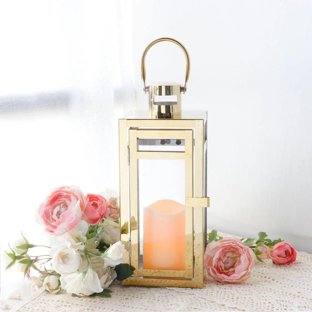 Stainless Steel Candle Holder Lantern
Gold Hanging  Metal Candlestick Light 
for Indoor -  Outdoor ,  Weddings, Parties, Home Decor