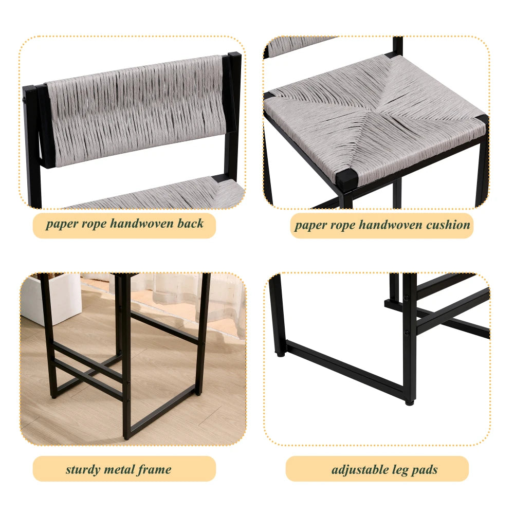 Gray Set of 2 Hand Weave Bar Stools with Back
Counter Height Bar. Paper Rope Woven for Kitchen Home & Office