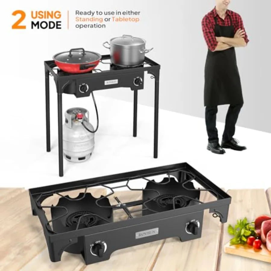 2 Burner Outdoor Propane Gas Stove
 150K BTU High Pressure
 Stand Cooker for Backyard Cooking ,Camping ,Home Brewing ,Canning ,Turkey