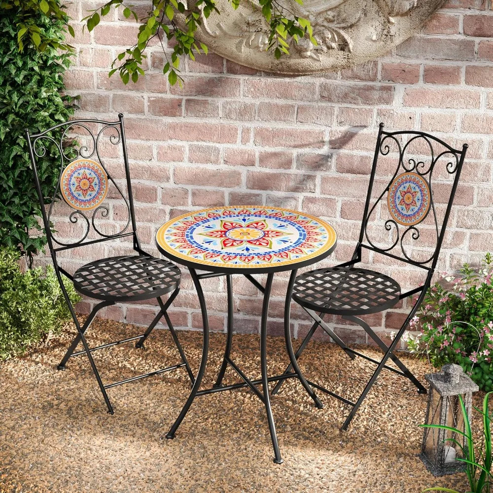 Dorin Patio , with Ceramic Tile and Iron Frame Bistro Set,. 
2-Seater , Round Top Table+Chairs Set for Garden/Balcony, Poolside, Foldable