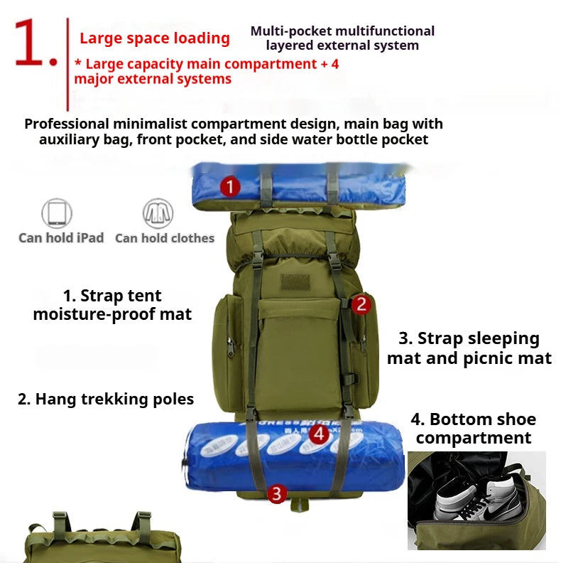 110L Large Capacity Outdoor Backpack Sports Travel  Frame Hiking Bag