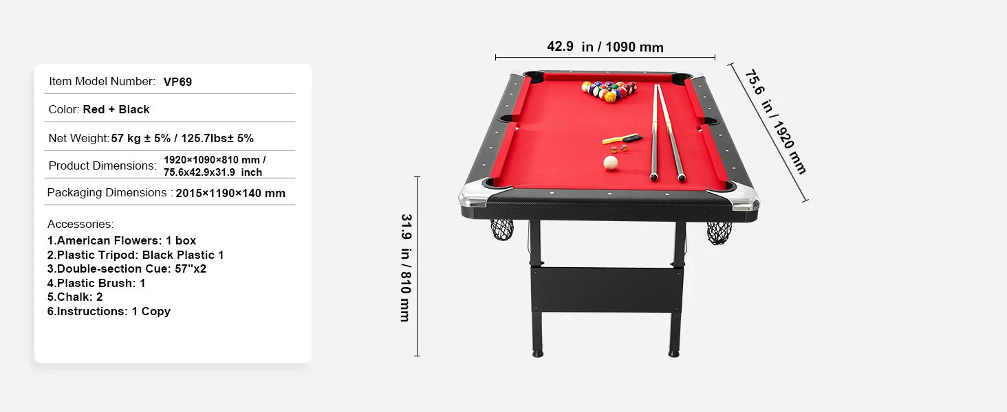 SucceBuy 6.3/7ft Billiard Table Pool Table Portable Foldable SpaceSaving Includes Balls Cues Chalks and Brush