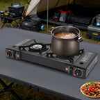 2 Burners-- Portable Camping Stove,     2.5KW Auto Ignition
Butane/LPG Gas  w/Baking Tray+Carrying Case for RV Outdoor Picnic BBQ