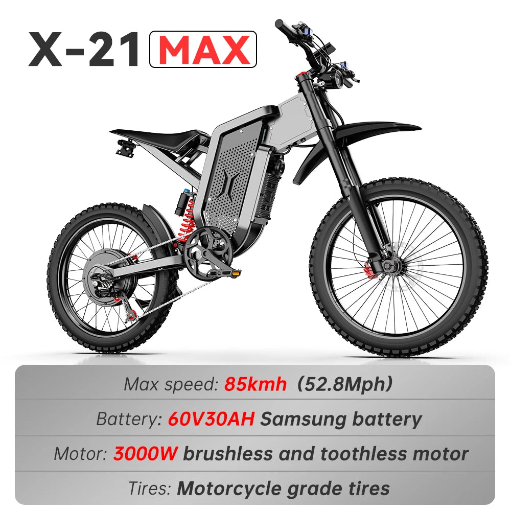 EKX X21 Max Electric cycle
3000W Brushless Gearless Motors
 60V30AH Lithium Battery Speed 85Kmh Adult Off Road Ebike