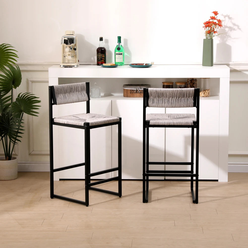 Gray Set of 2 Hand Weave Bar Stools with Back
Counter Height Bar. Paper Rope Woven for Kitchen Home & Office