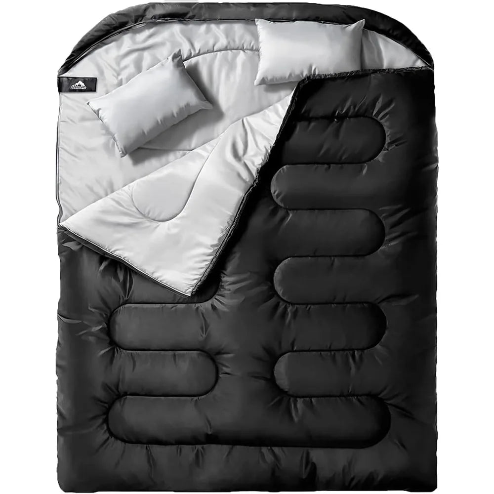 Double Sleeping Bag for Adults Mens with Pillow, 
XL Queen Size Two Person Sleeping Bag for All Season Camping Hiking Backpacking