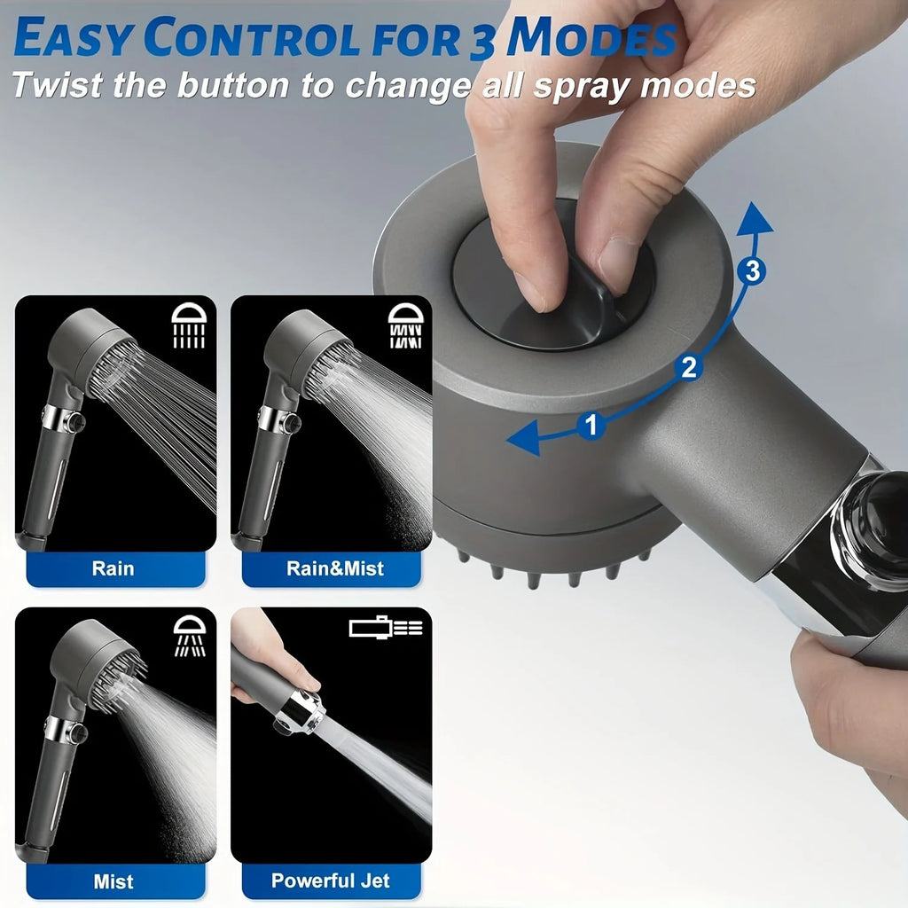High Pressure Shower Head ,
Scalp Massager,   Shampoo Brush - Softens Hard Water - 3 Settings - Detachable Design