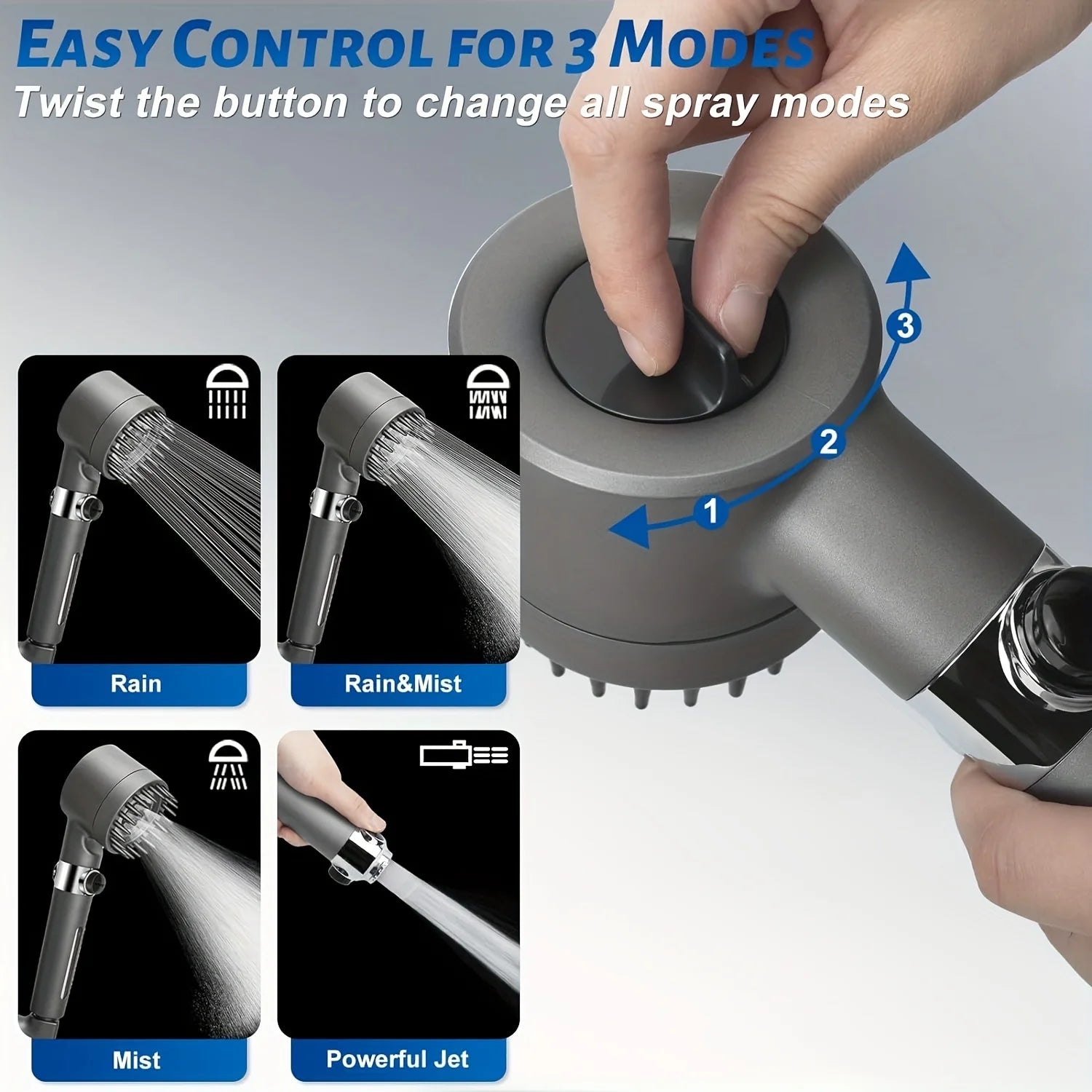 High Pressure Shower Head ,
Scalp Massager,   Shampoo Brush - Softens Hard Water - 3 Settings - Detachable Design