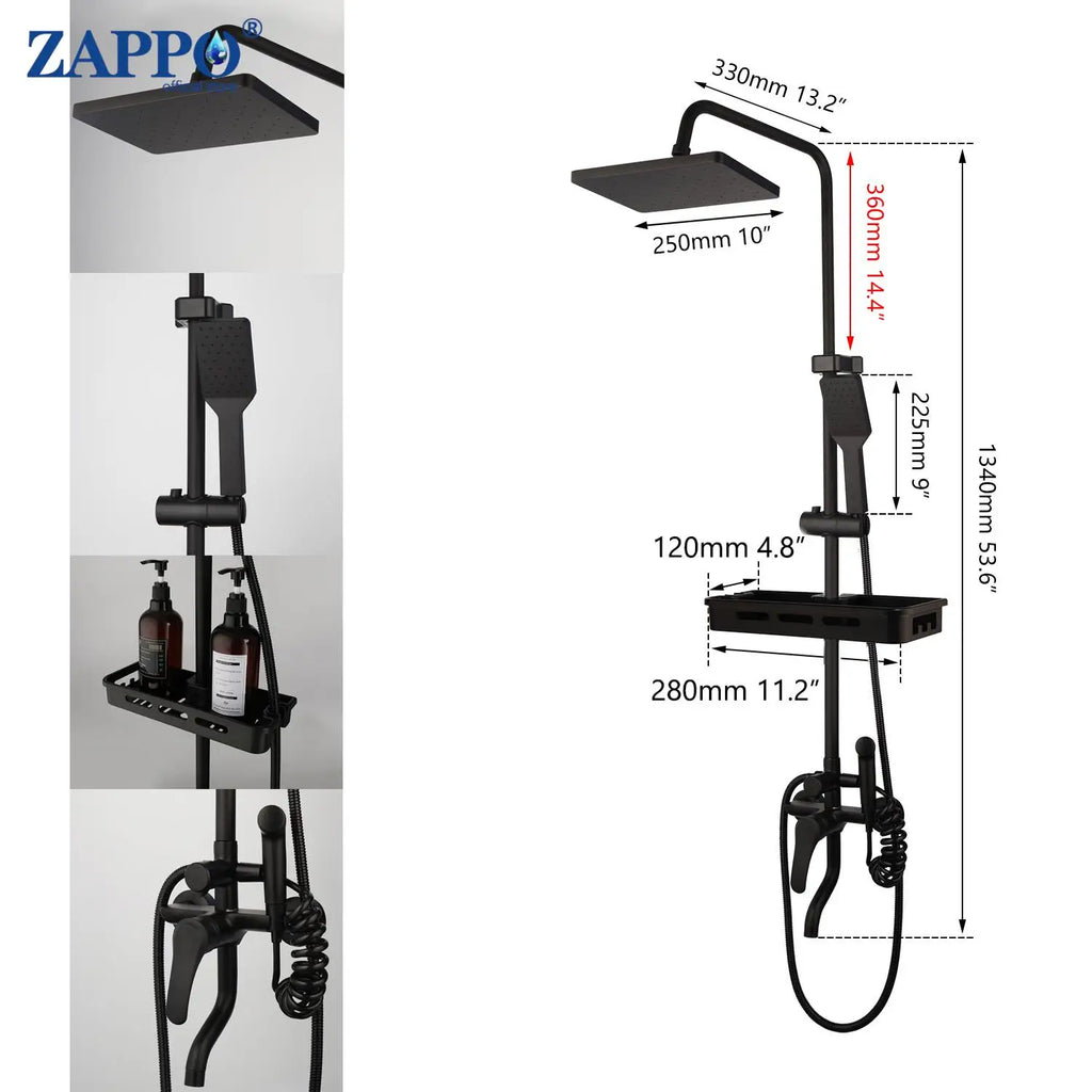ZAPPO Matte Black Bathroom Shower Set 8 inch Rainfall , Wall Mounted 3-4 Function System & ABS Shelf