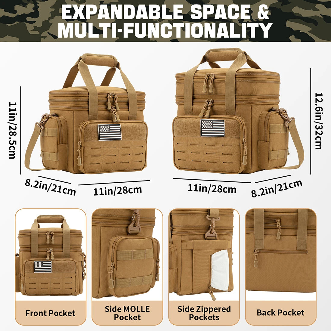 Lunch Box Expandable 18L 
Insulated Cooler Bag
 Leak Proof for Work, Camping,Picnics MOLLE Weave Strap