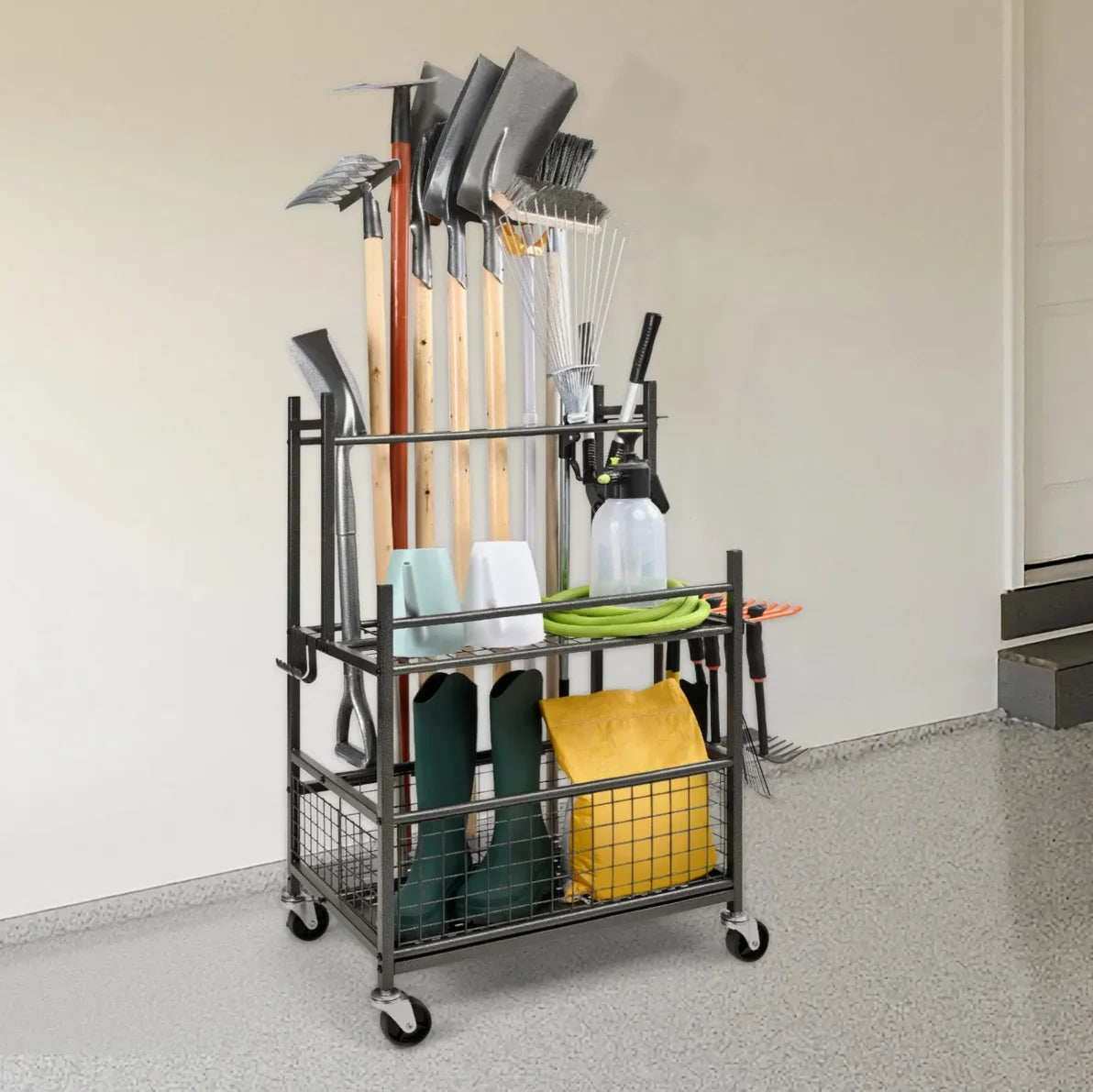 VEVOR Garden Tool Organizer, 16 Slots, Hooks, Tower Rack, Wheels, Garage, Long-Handled Tools, Rake, Broom, Metal Stand