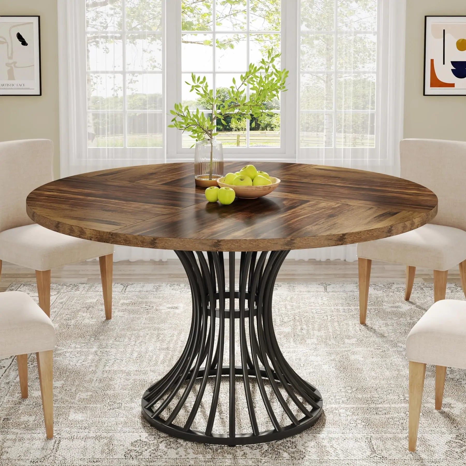 Tribesigns Round Dining Table for 4-6 People, 
47-Inch Farmhouse Dinning  Industrial Dinner Table