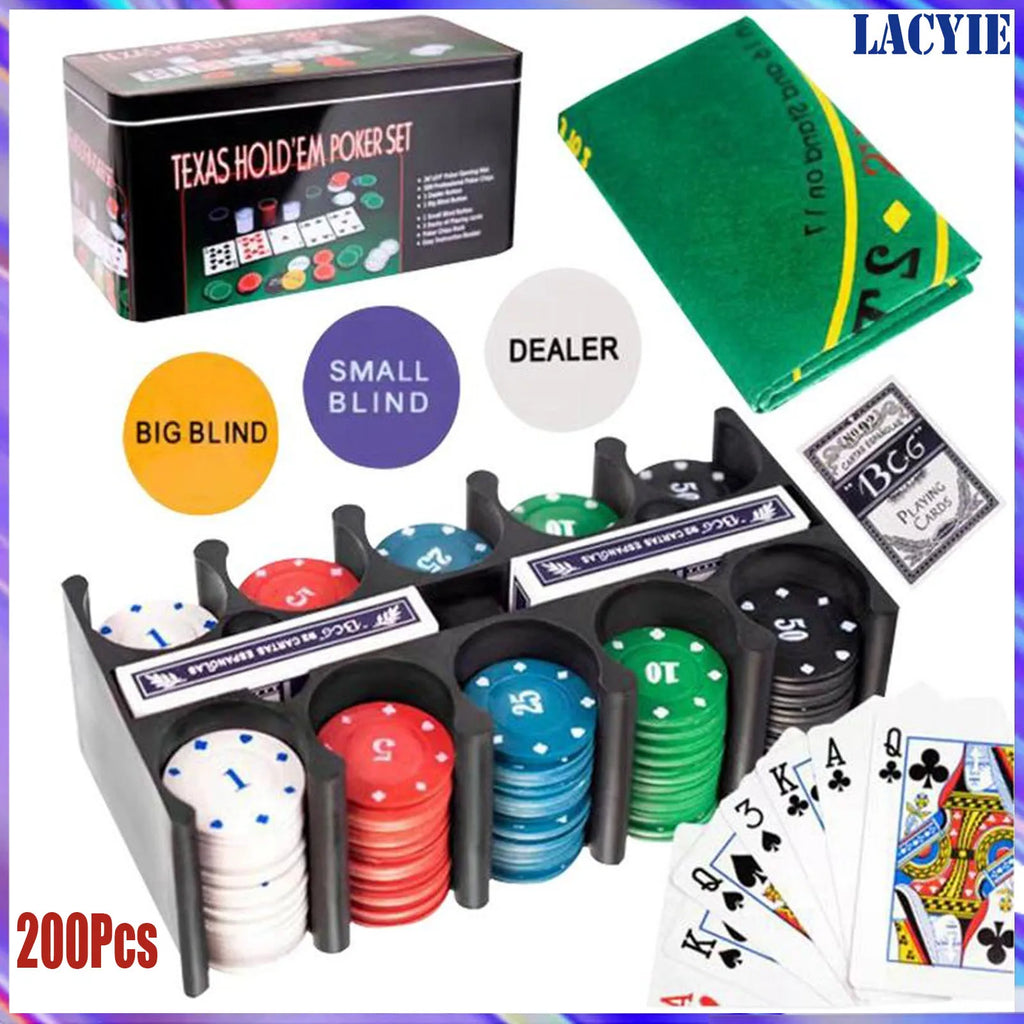 200Pcs Texas Poker Chips With Box Professional Card Games Counting Casino Poker Game Set Chip Cloth Playing Cards Gambling Games