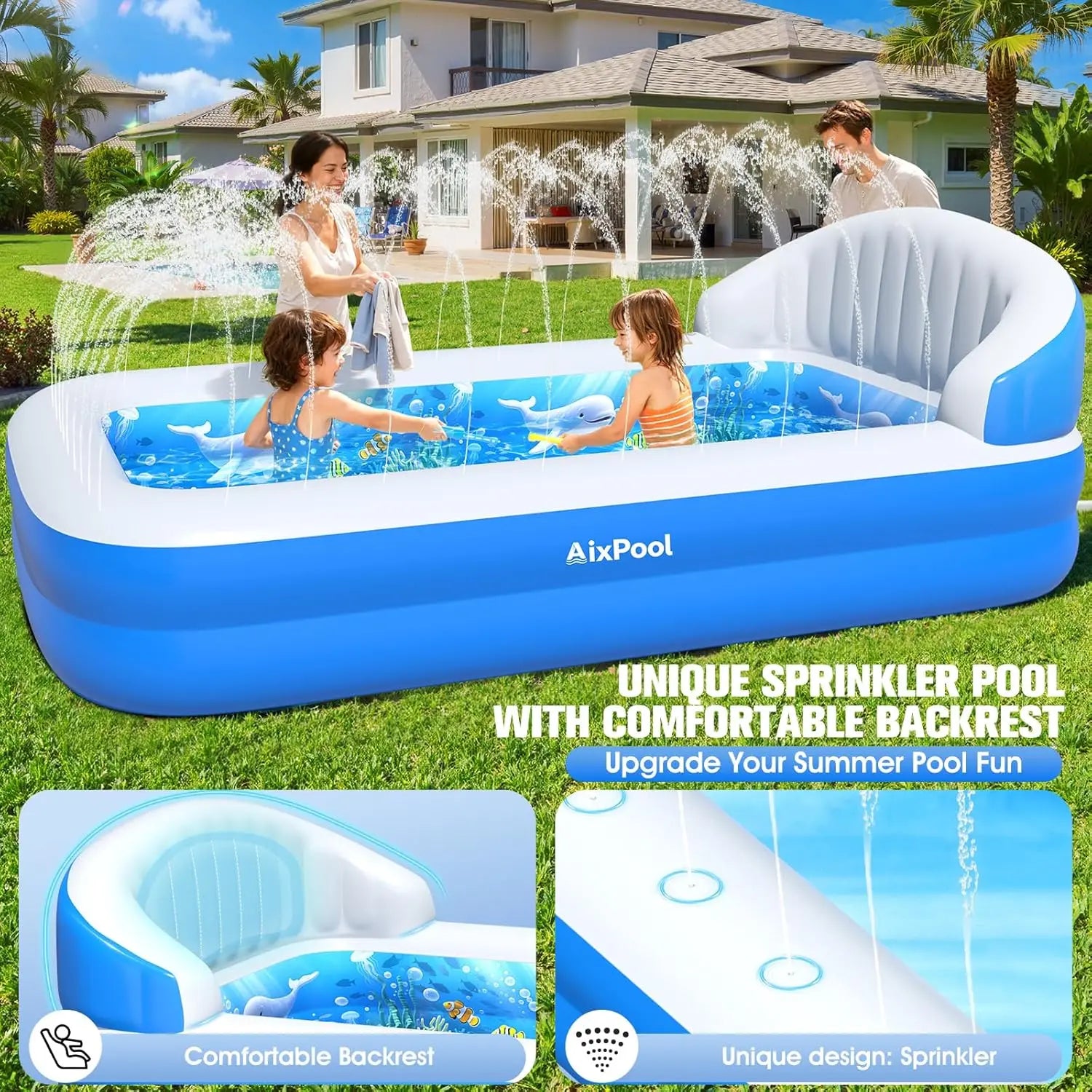 2026 Inflatable Pool with Sprinkler,
Durable Blow up Pool with Big Backrest,
 Rectangle Kids Pool Backyard,Children Swimming Pool,