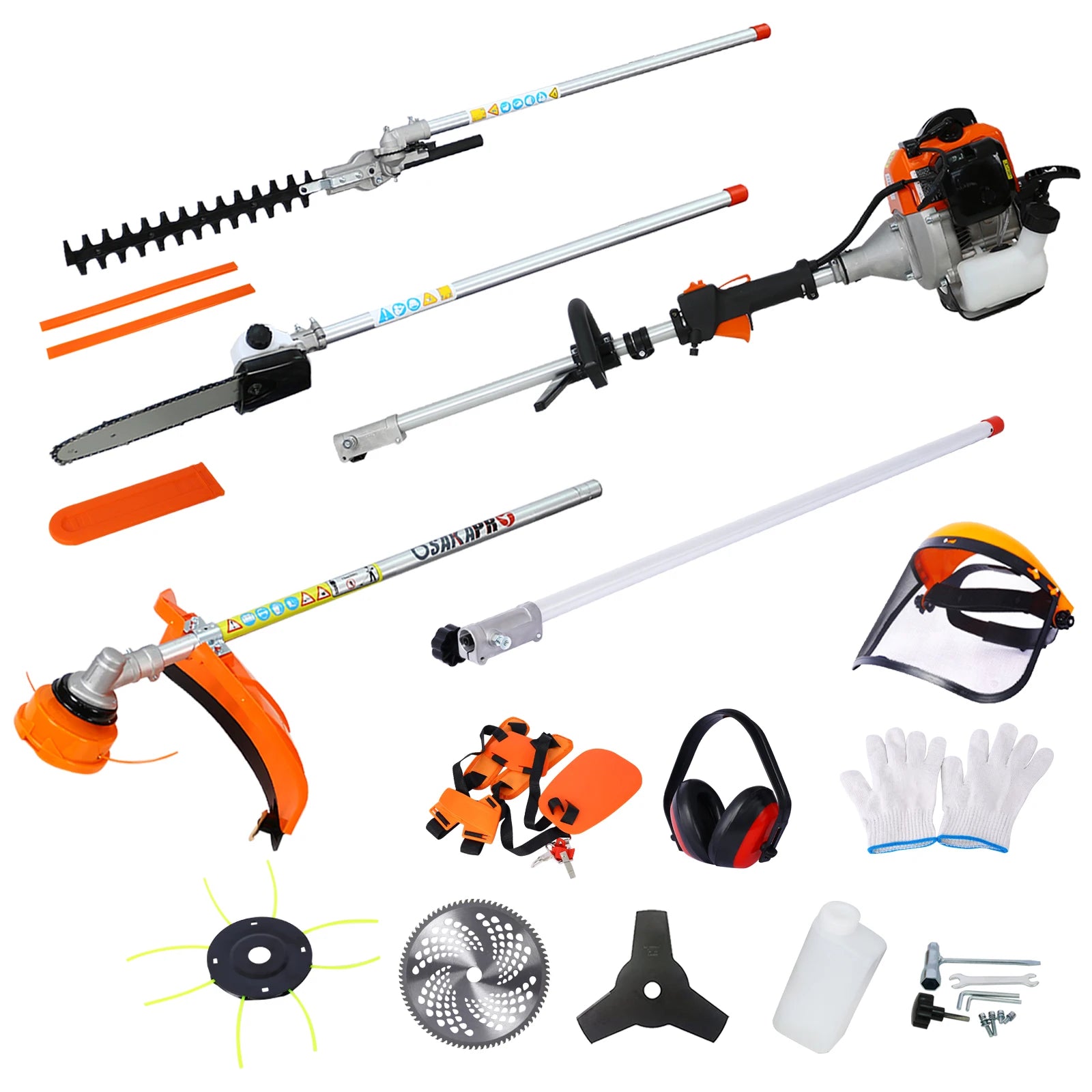 10 in 1 Multi-Functional Trimming Tool, 
52CC 2-Cycle Garden Tool System with Gas Pole Saw,
Hedge Trimmer, Grass Trimmer