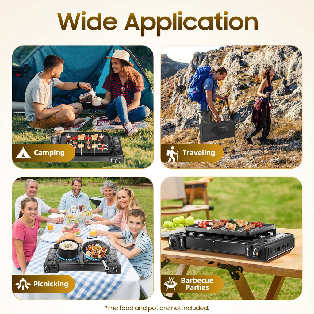 Butane Gas Camping Stove 
Dual Burner Portable Outdoor Grill for Picnic Hiking Trekkin