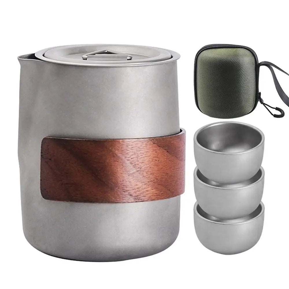 Camping Tableware Set 
Lightweight Titanium Coffee Pot Tea Kettle
 Outdoor Camping Kettle Set 3 Cups Tea Set For Hiking Picnic