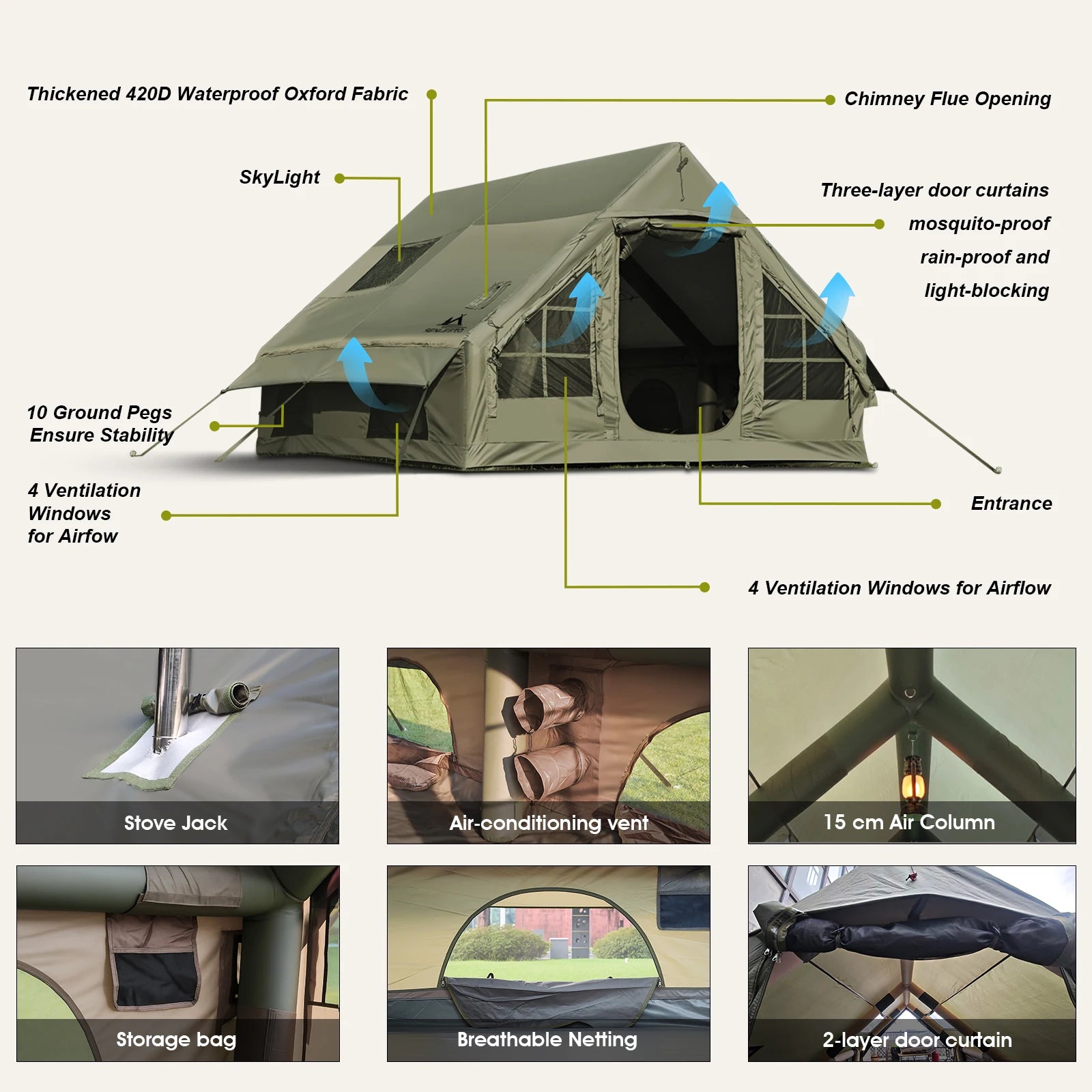 Army Green Waterproof Windproof Inflatable Tent 
for Camping,       4 Season Air Glamping Tent House with Chimney Opening,
AC Vent