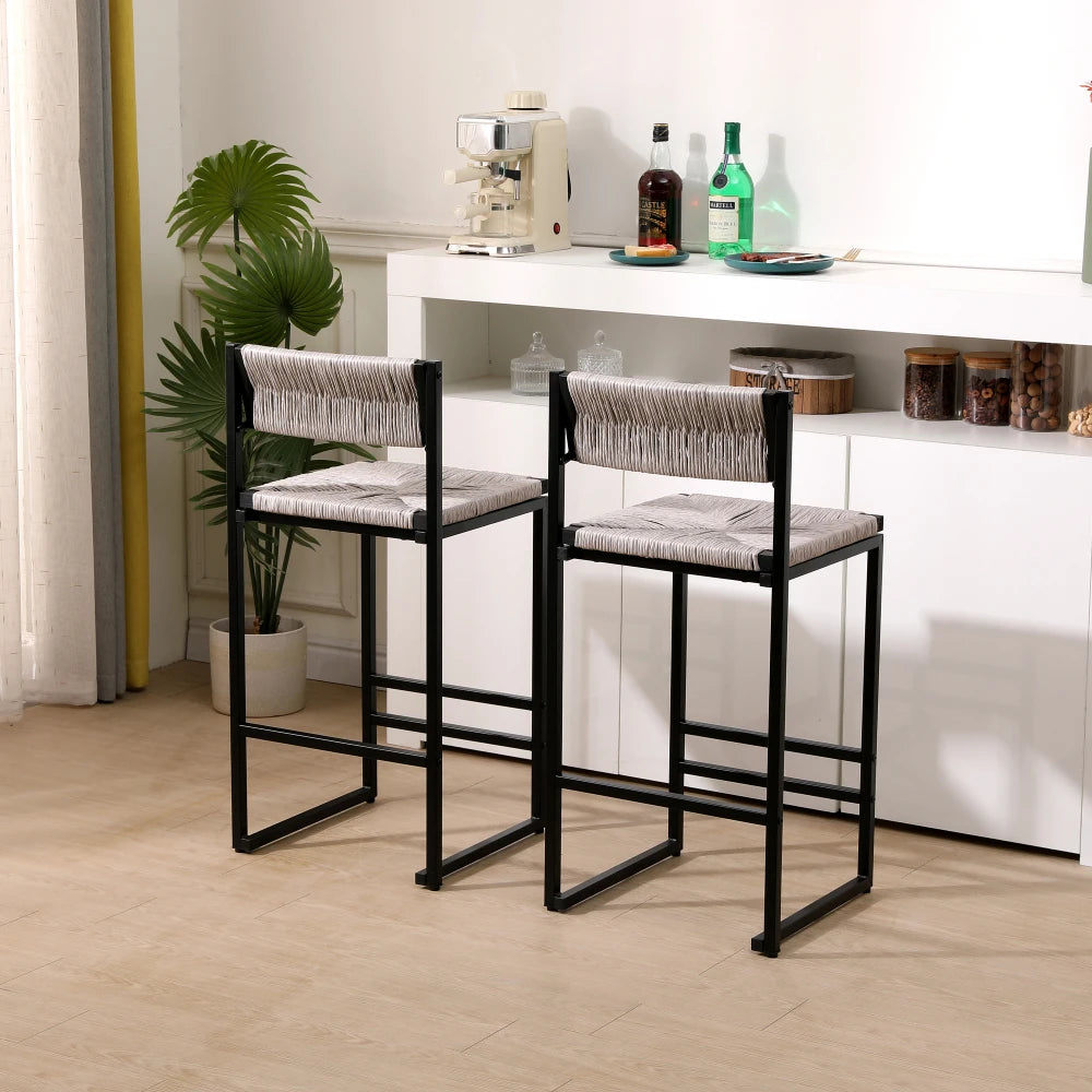 Gray Set of 2 Hand Weave Bar Stools with Back
Counter Height Bar. Paper Rope Woven for Kitchen Home & Office