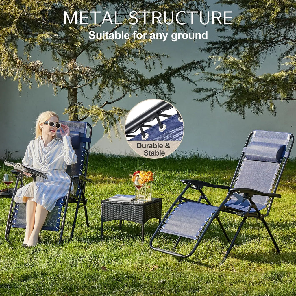 Zero Gravity Set of 2 Portable Recliners
Camping ,Patio , Outdoor Garden Lounge Chair with Cup Holder ,Trays & Adjustable Pillow