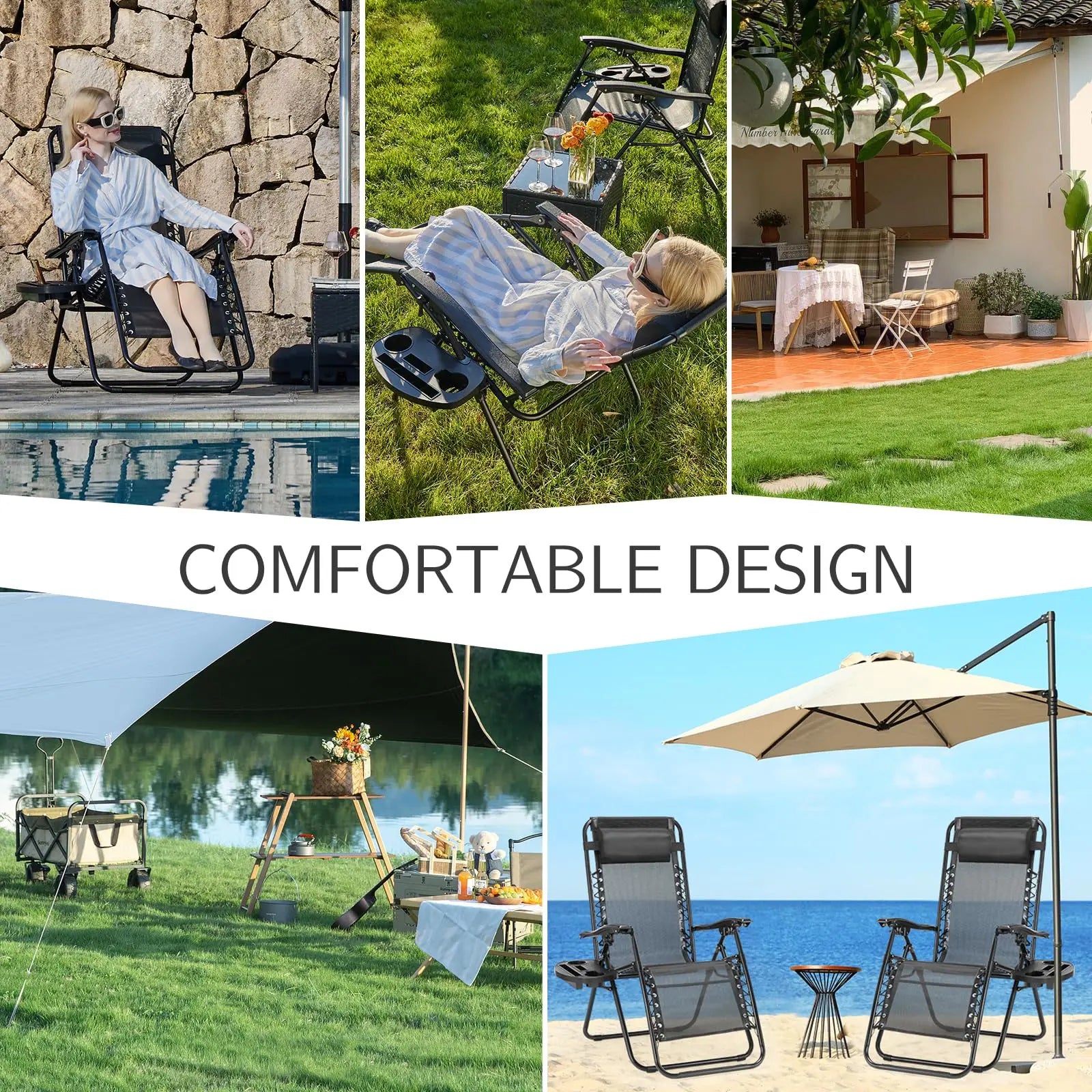 Zero Gravity Set of 2 Portable Recliners
Camping ,Patio , Outdoor Garden Lounge Chair with Cup Holder ,Trays & Adjustable Pillow