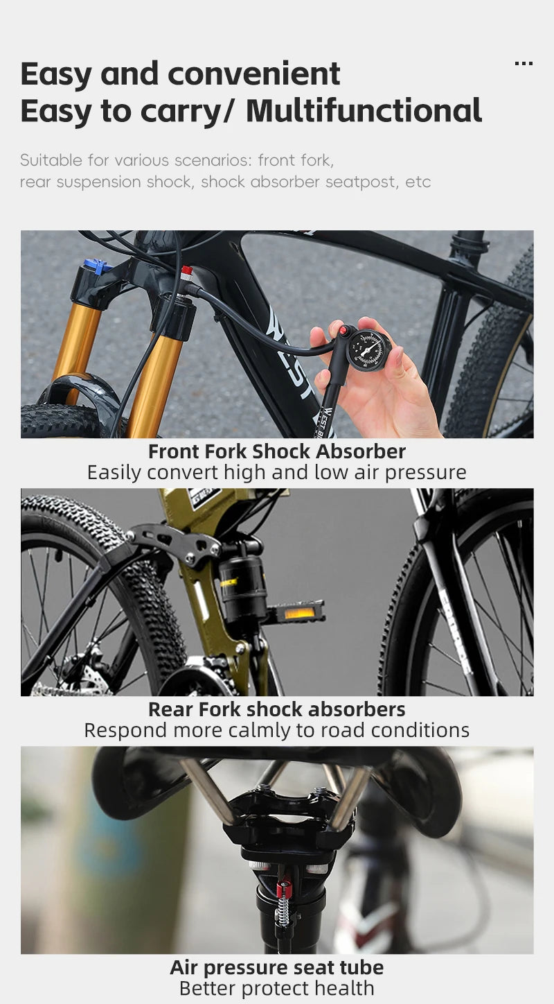 WEST BIKING 400PSI Bicycle Air Pump
 High Pressure MTB Front, Rear Suspension Pressure Gauge Schrader Valve